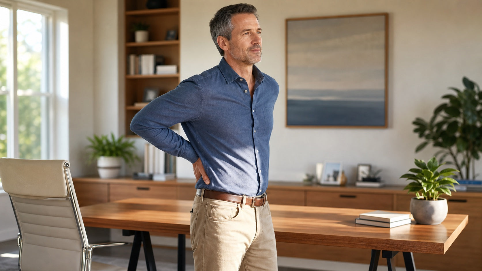 Office worker taking a standing break for lower-back comfort