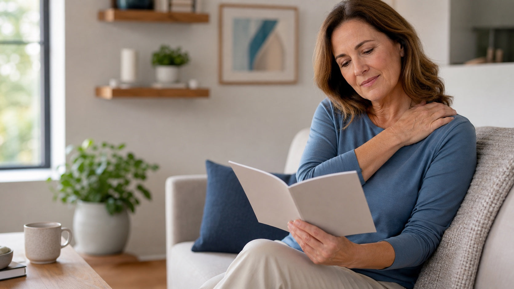 Woman reviewing safe TENS use guidance at home before beginning a wellness session
