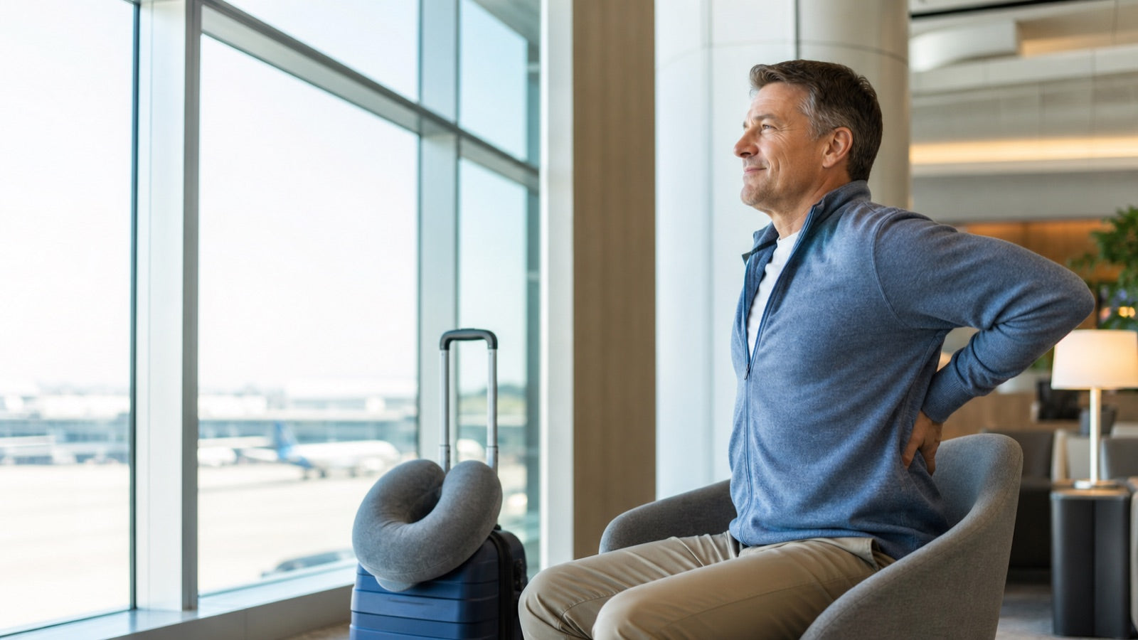Adult traveler stretching after a long flight with carry-on luggage in an airport lounge
