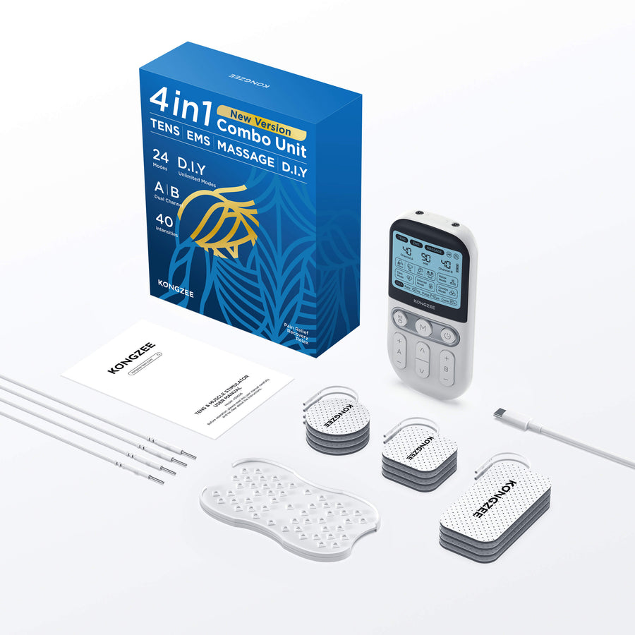 KONGZEE portable rechargeable TENS and EMS unit kit with controller, cables and electrode pads