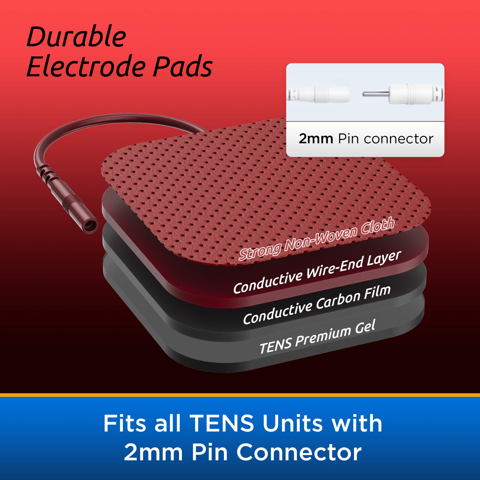 Structure of red TENS electrode pad showing durable non-woven cloth carbon film and universal 2mm pin connector