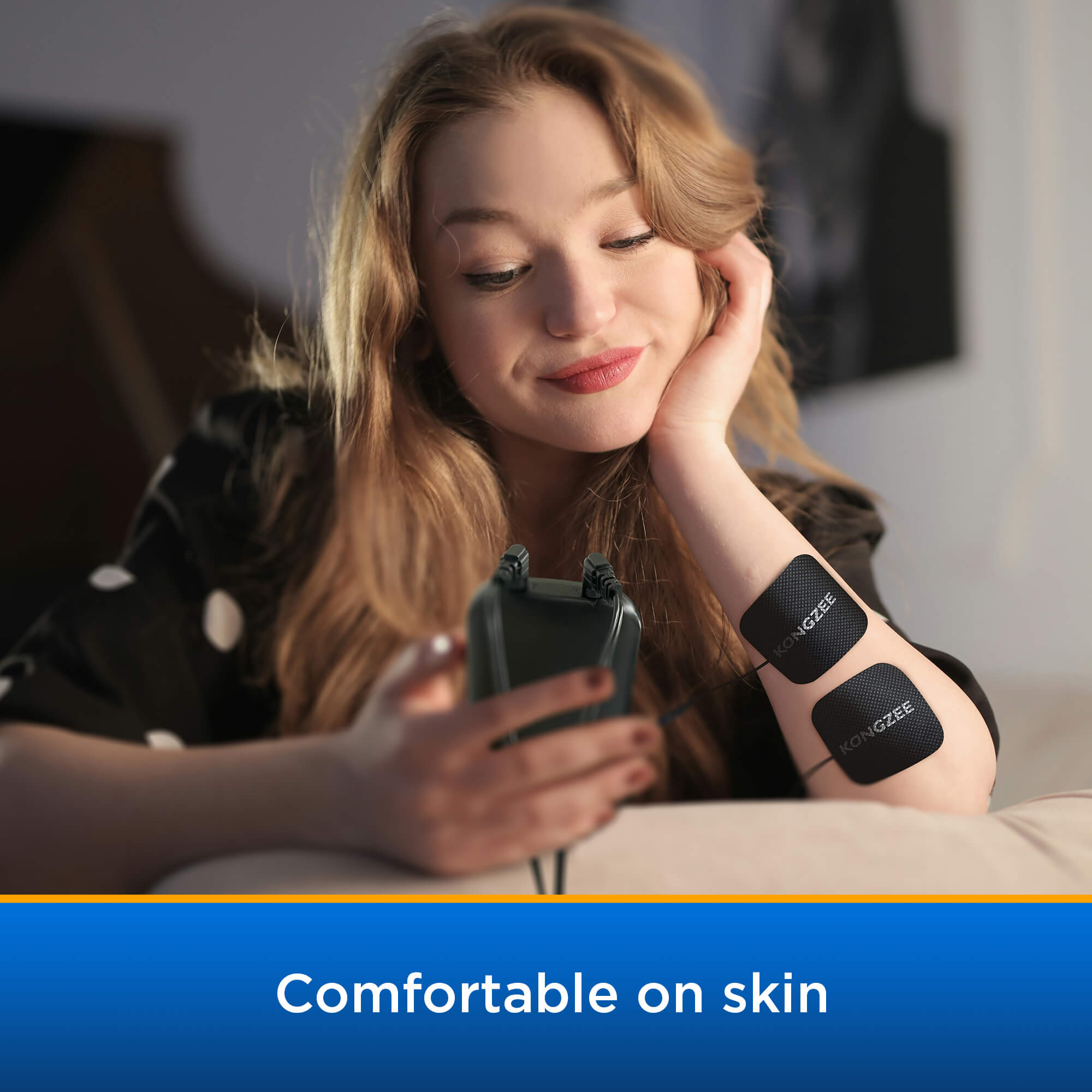 Structure of black TENS electrode pad showing durable non-woven cloth carbon film and universal 2mm pin connector