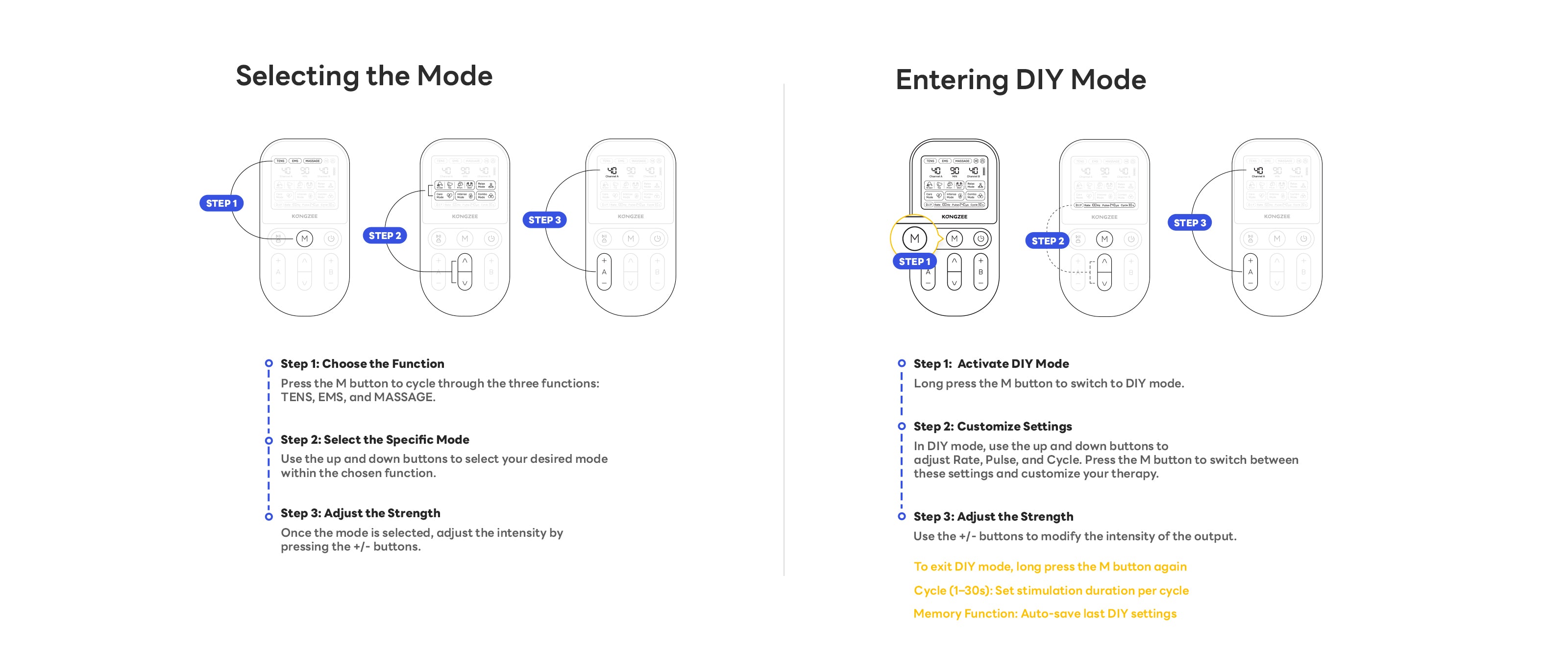 Kongzee TENS unit instruction guide for selecting TENS EMS massage modes and using DIY mode to customize rate pulse and cycle settings