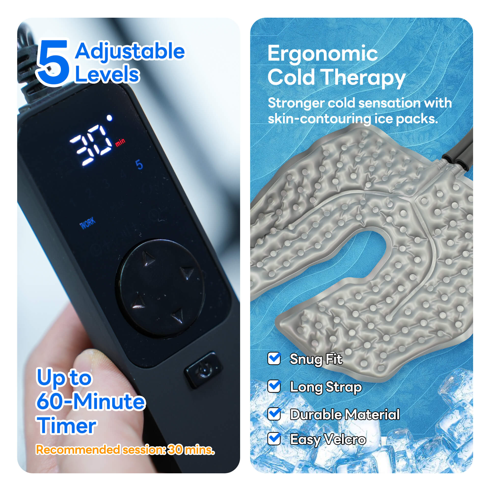 Programmable cold therapy machine controller with 60 minute timer and ergonomic flexible pad for knee and shoulder pain relief