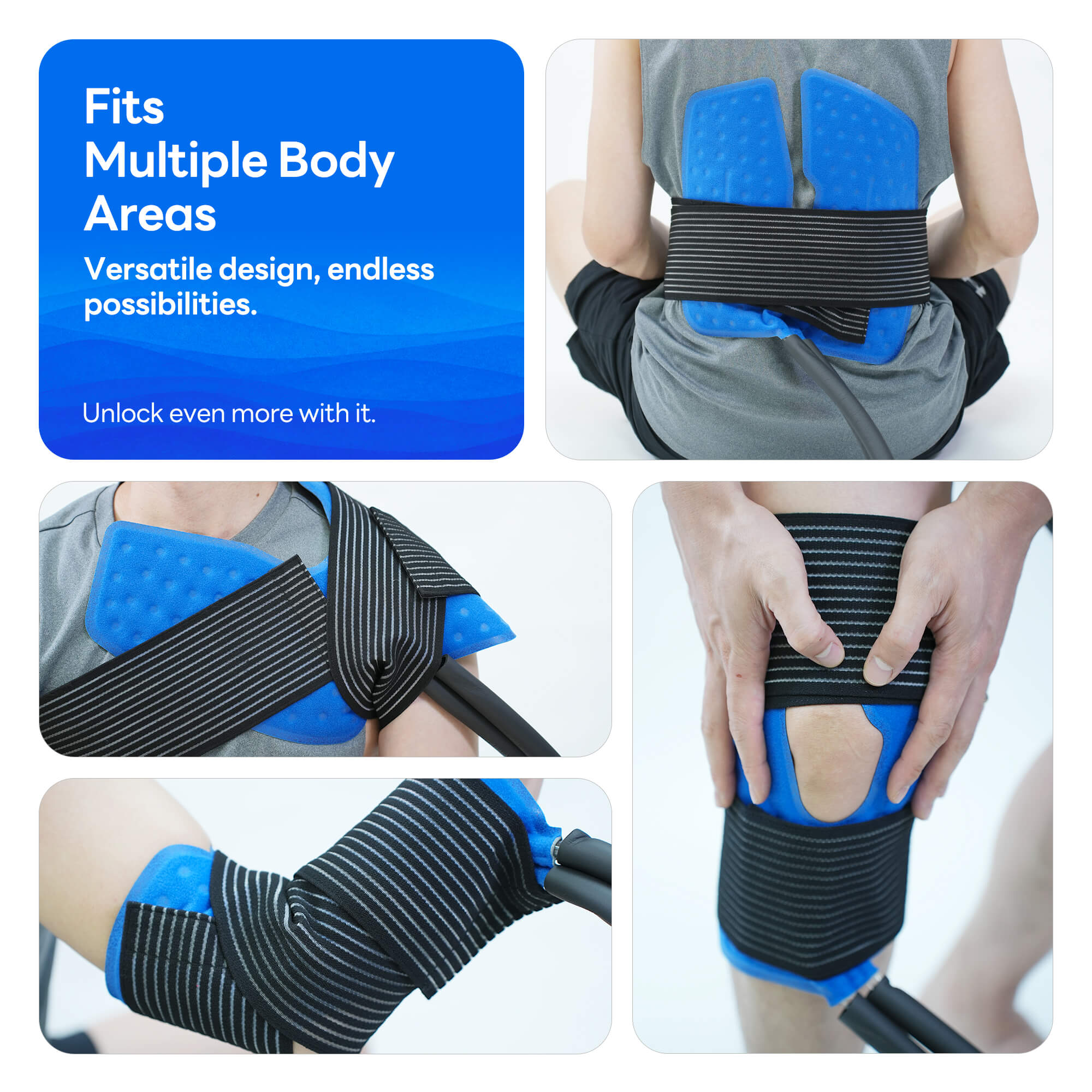 Universal cold therapy wrap system applied on back shoulder elbow and knee for full body pain relief