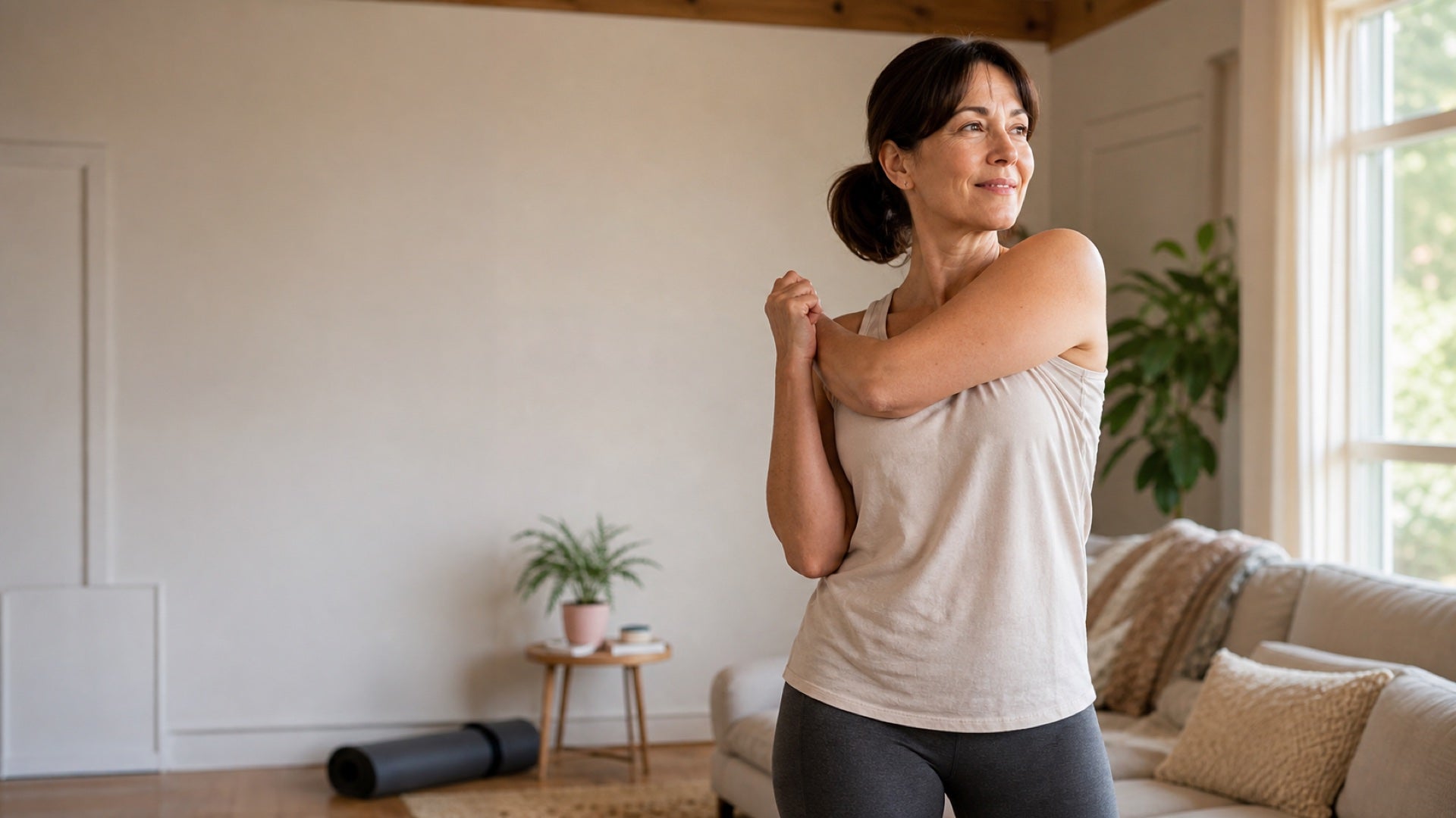 Woman stretching her shoulder in a bright living room during a calm home wellness routine