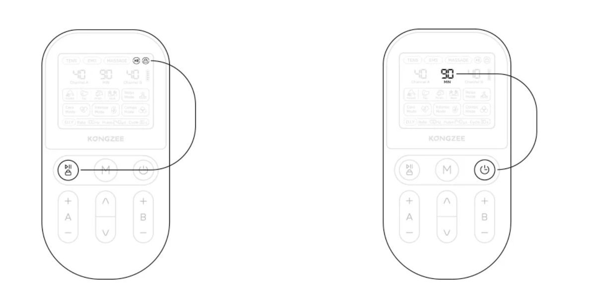 KONGZEE TENS unit display with control lock and 90 minute session timer controls highlighted