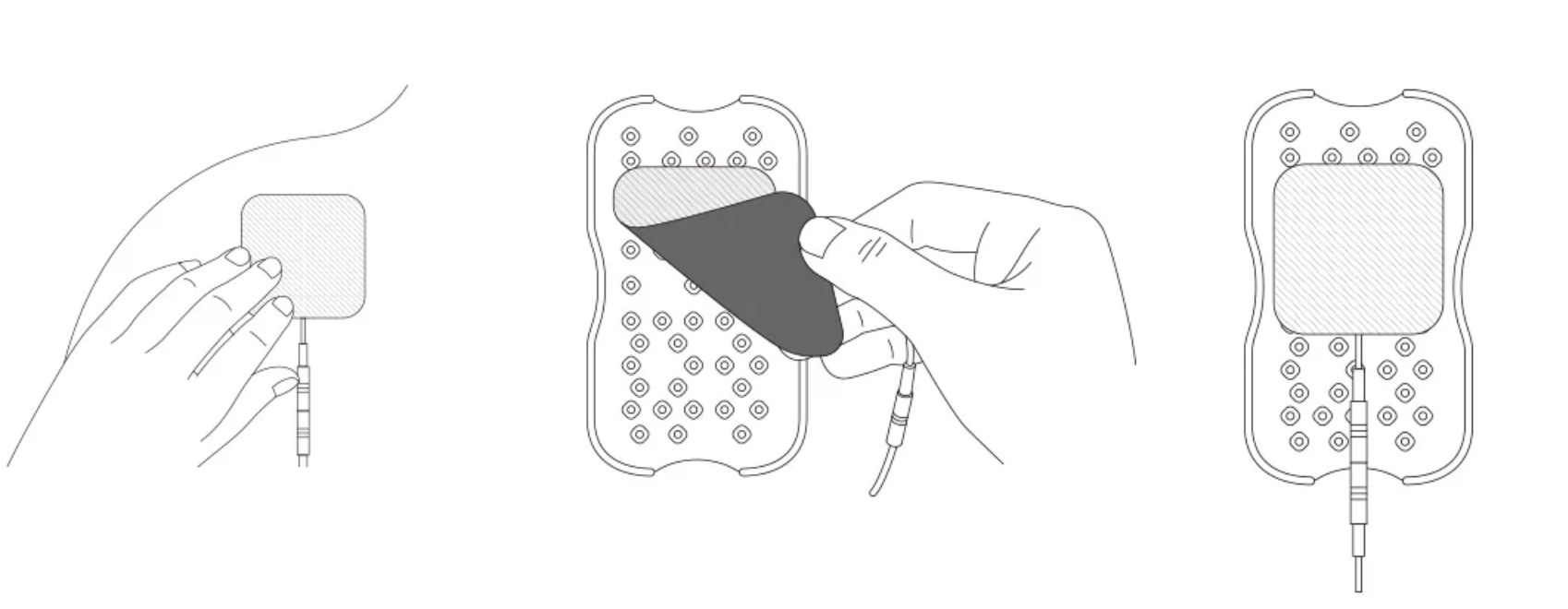 KONGZEE electrode pad application and storage sequence showing skin placement liner removal and backing sheet