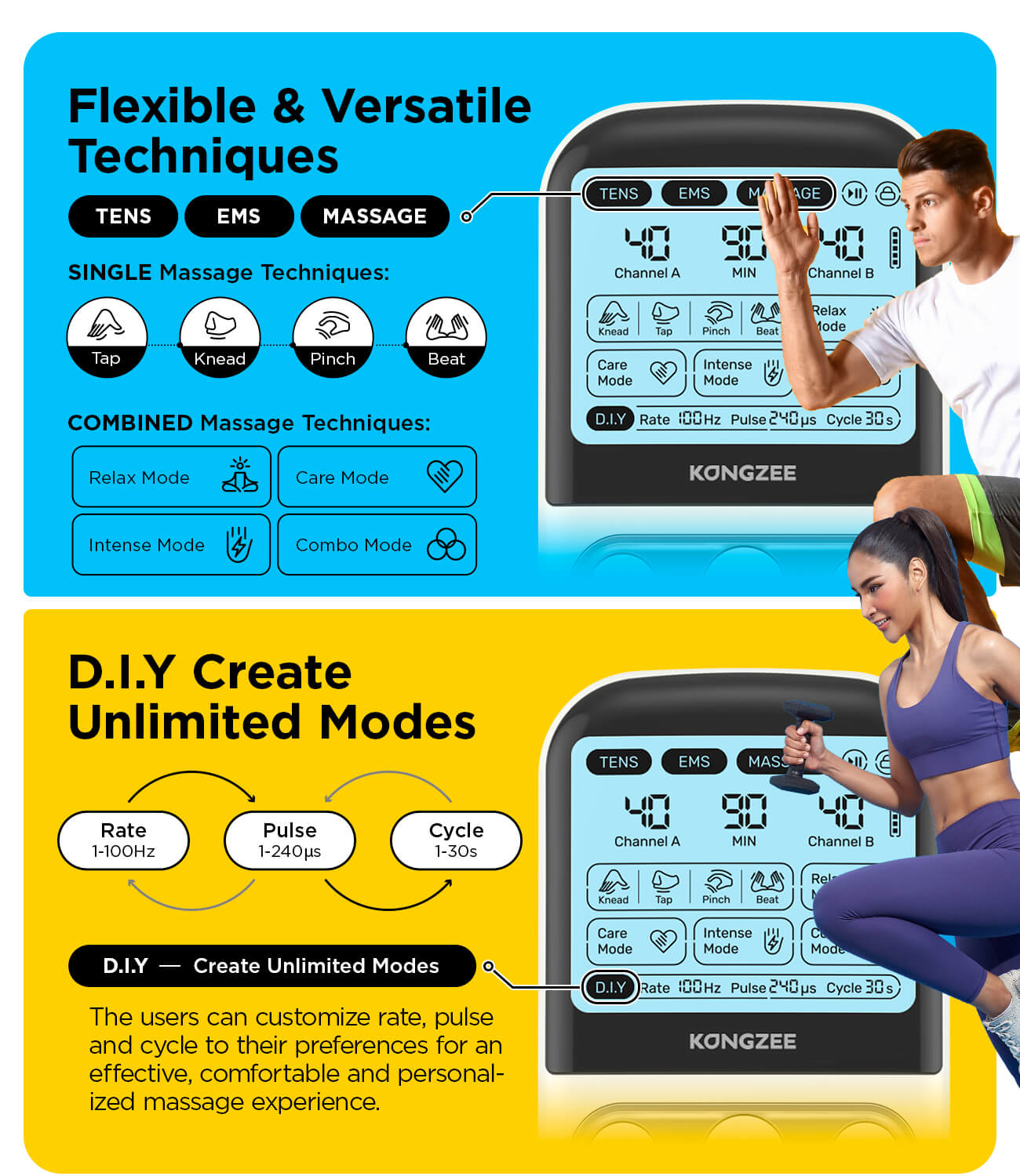 KONGZEE four in one TENS EMS massage and DIY mode controls