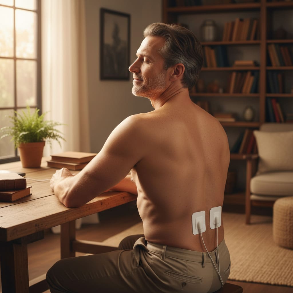 Man using a dual-channel TENS unit with electrode pads on lower back while working at a home office desk
