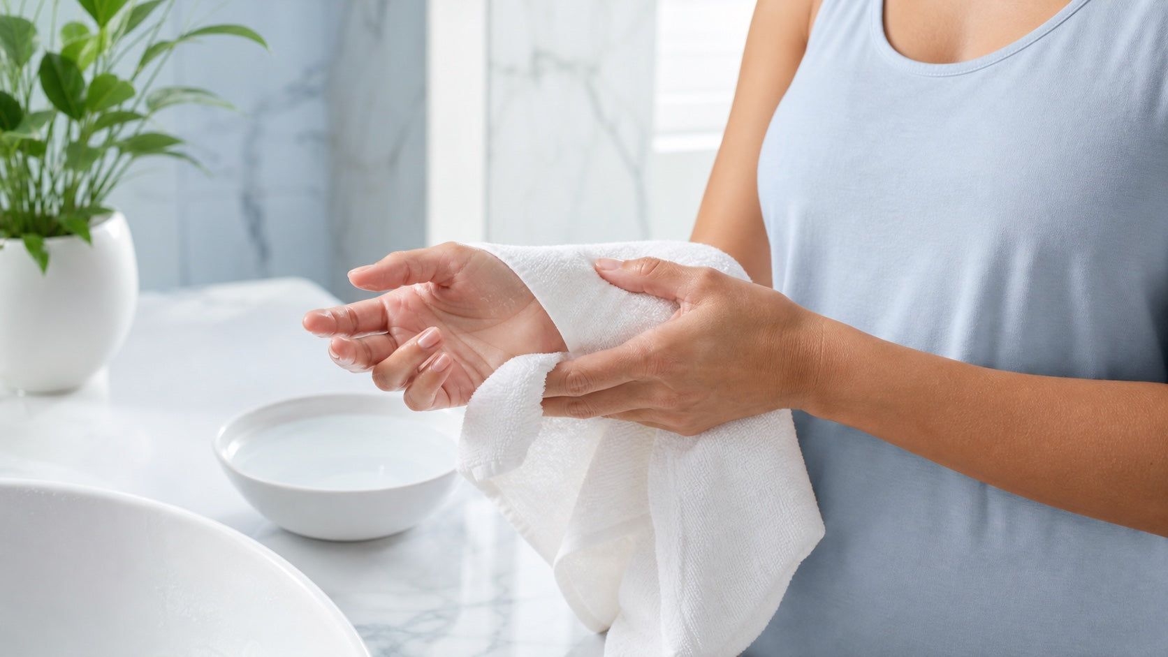 Clean hands and towel representing hygienic preparation and care for reusable TENS pads