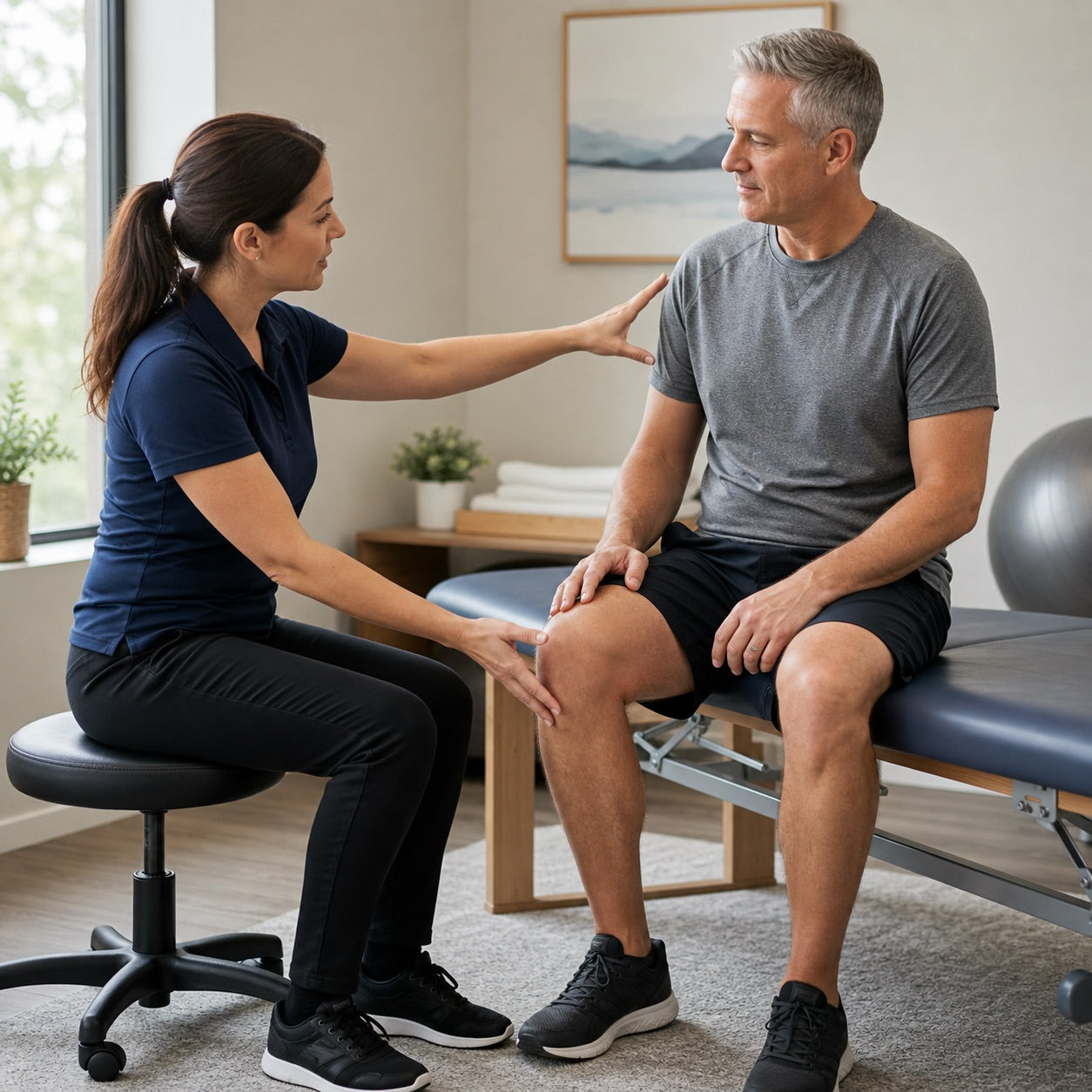 Physical therapist discussing two separate body areas with an adult patient