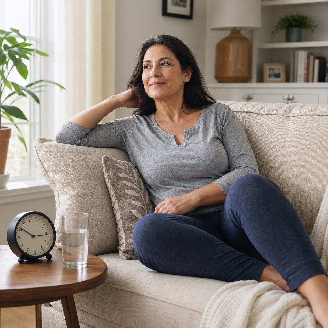Woman relaxing at home beside a clock while planning a safe TENS unit session length