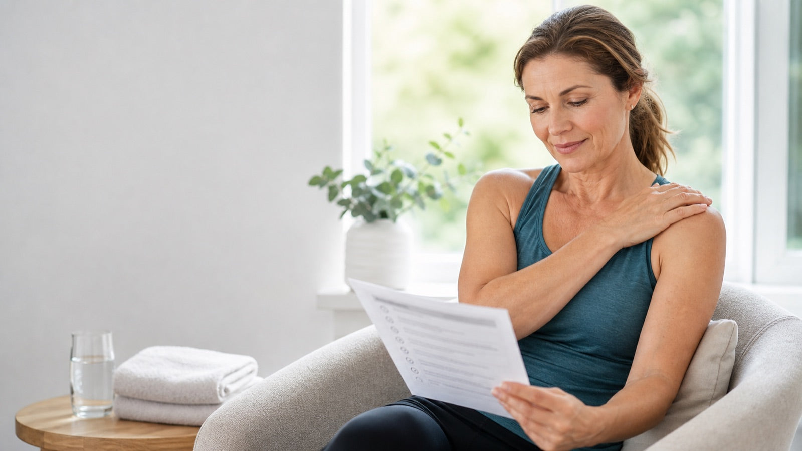 Woman reviewing a shoulder recovery checklist in a calm home setting