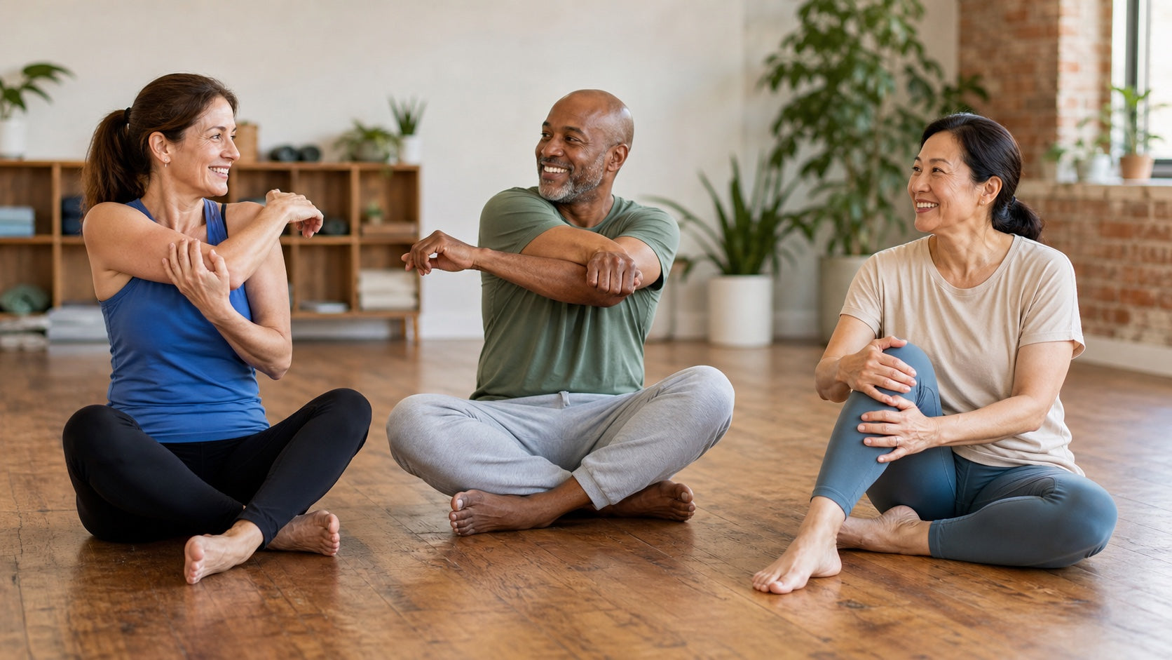 Diverse adults stretching the shoulder, forearm and knee after a gentle mobility class