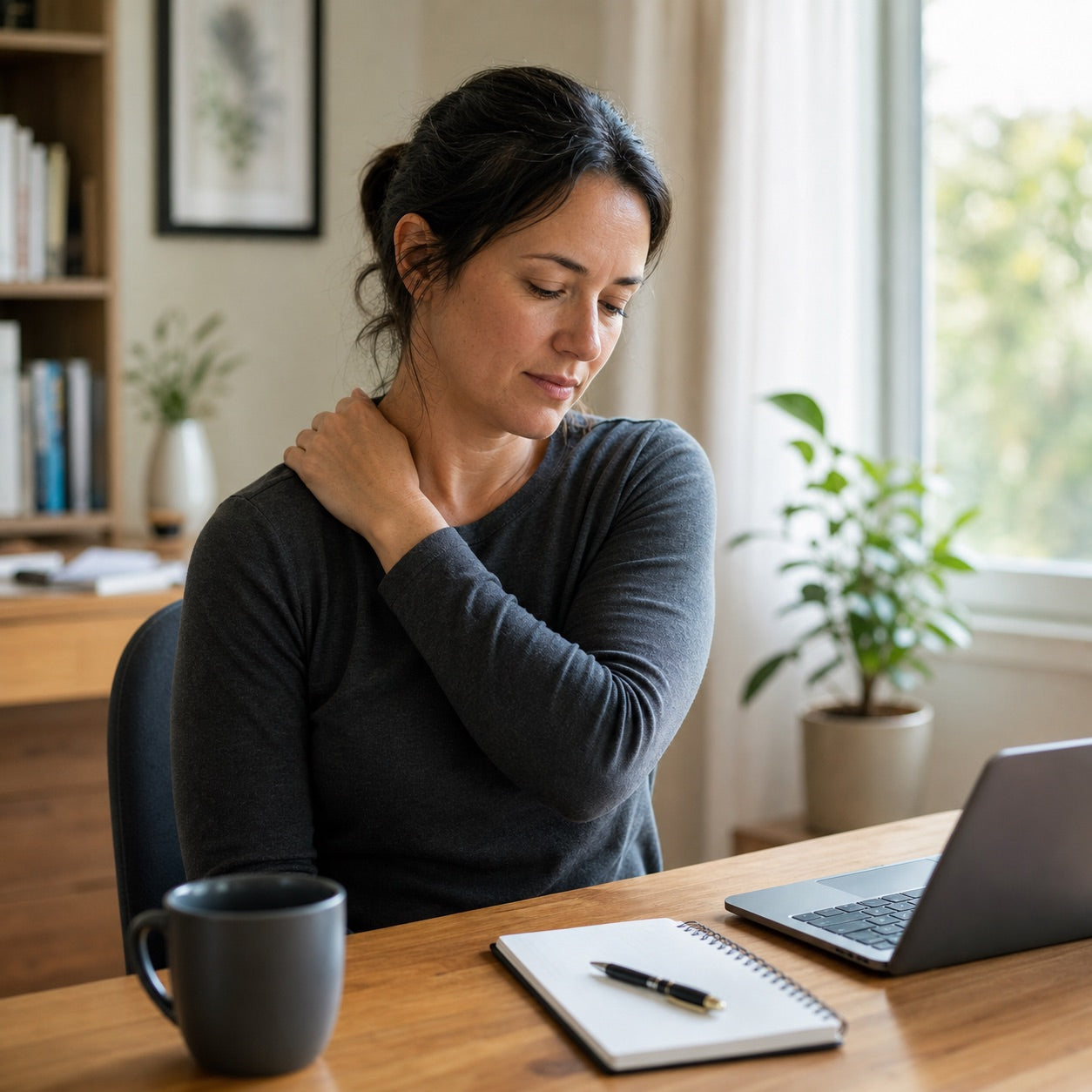 Office worker gently holding her upper shoulder while learning about safe TENS unit neck placement