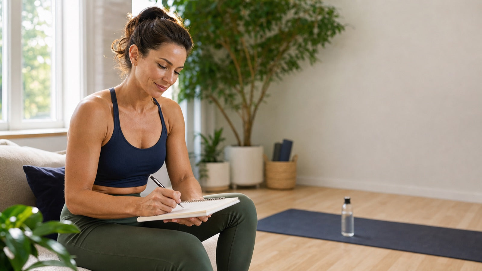 Woman planning a post-workout recovery routine in a bright home exercise space