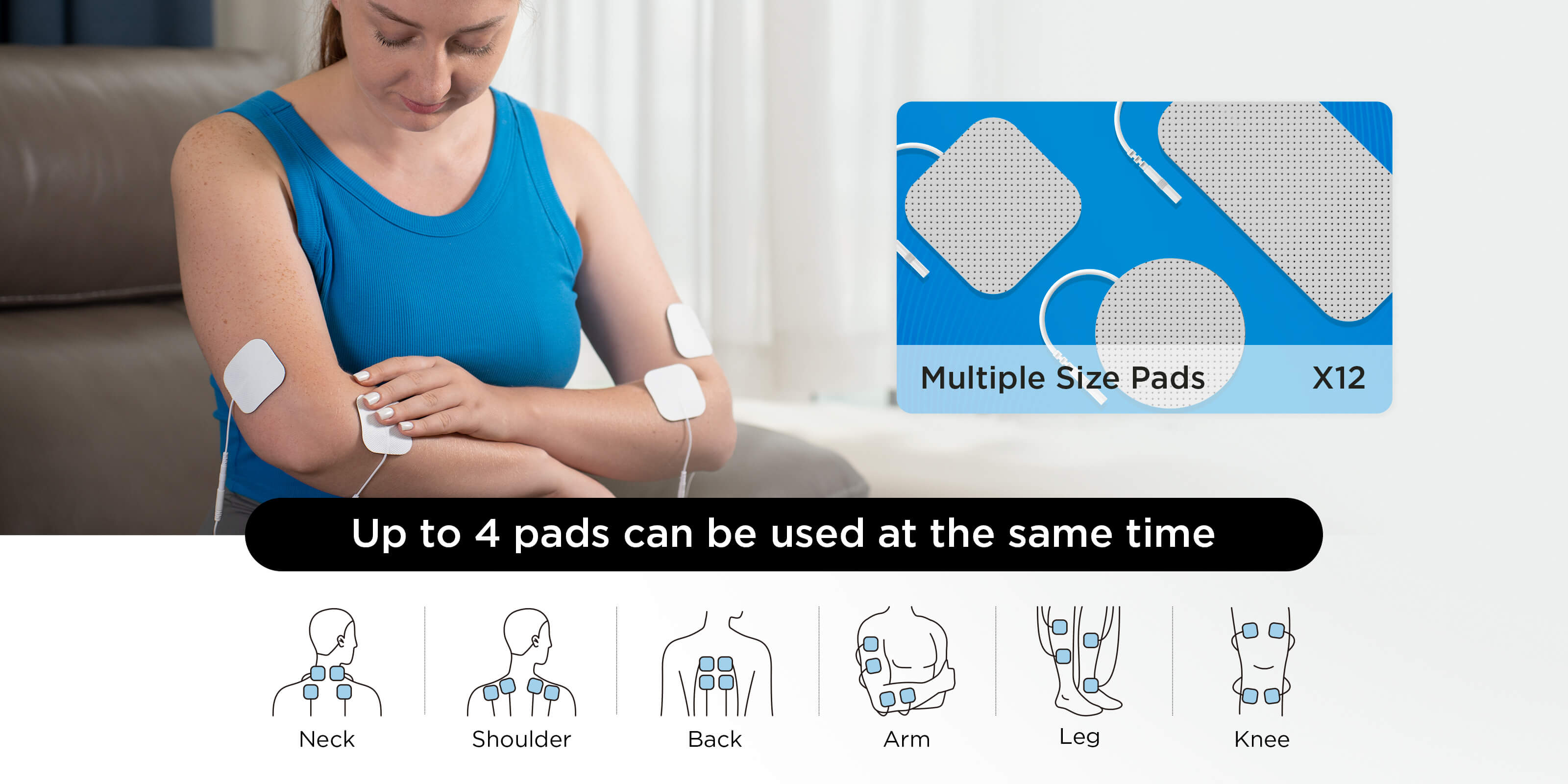 Kongzee dual channel TENS unit allowing up to 4 electrode pads used simultaneously for full body pain relief on neck shoulder back and knee