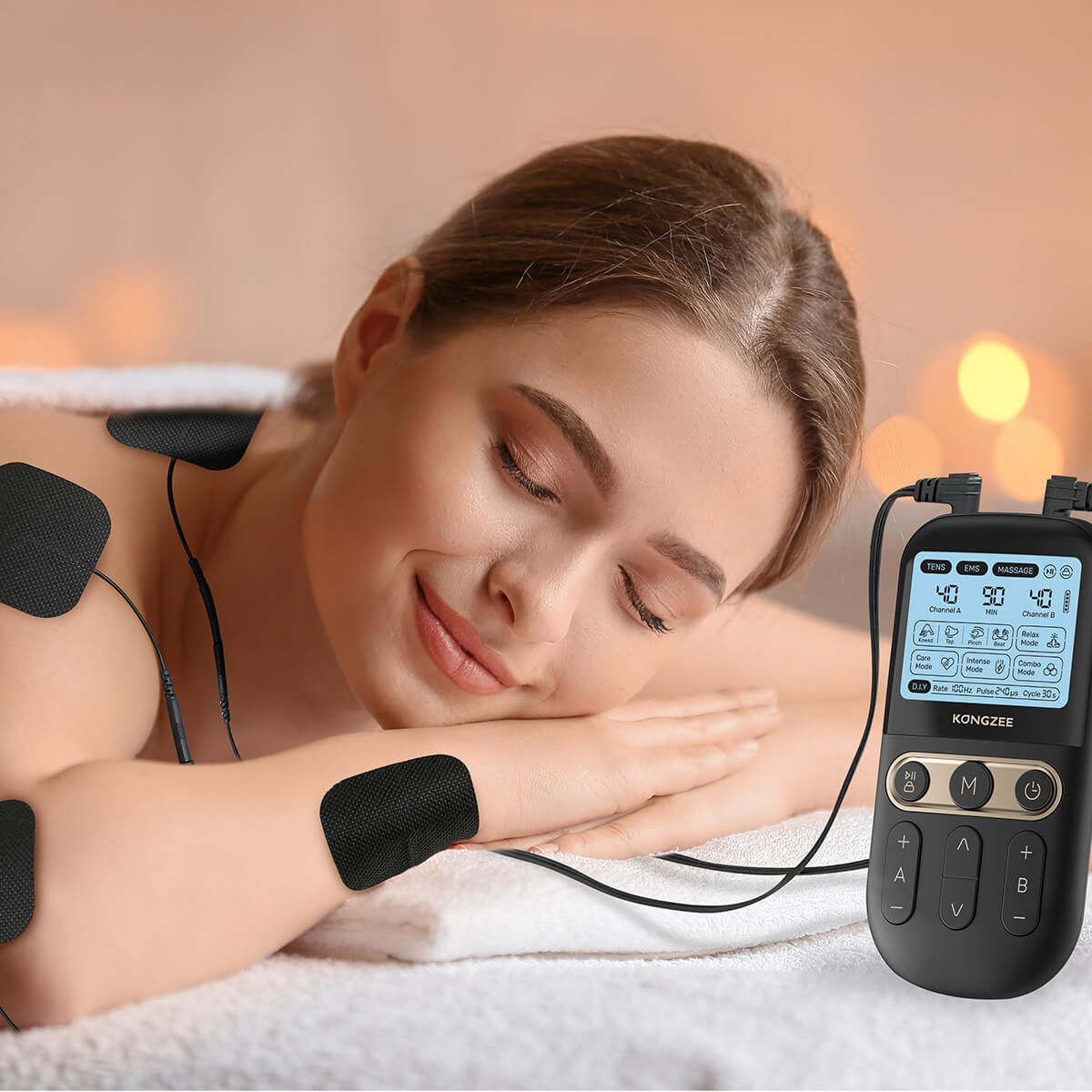 Kongzee electronic pulse massager offering varied massage techniques and customizable settings for a relaxing home spa experience