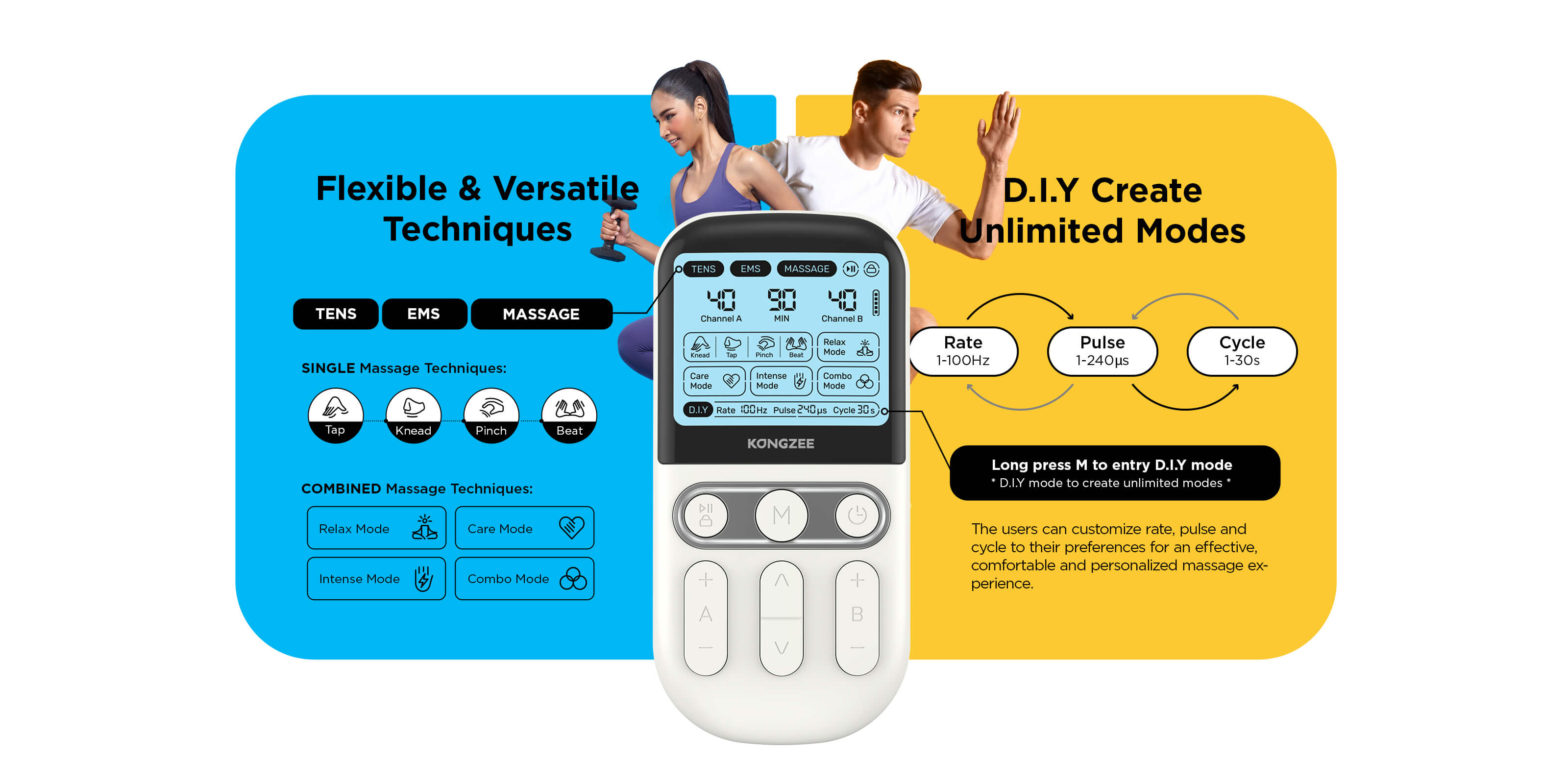 Kongzee TENS unit feature diagram showing flexible massage techniques and DIY mode for customizing pulse rate width and cycle
