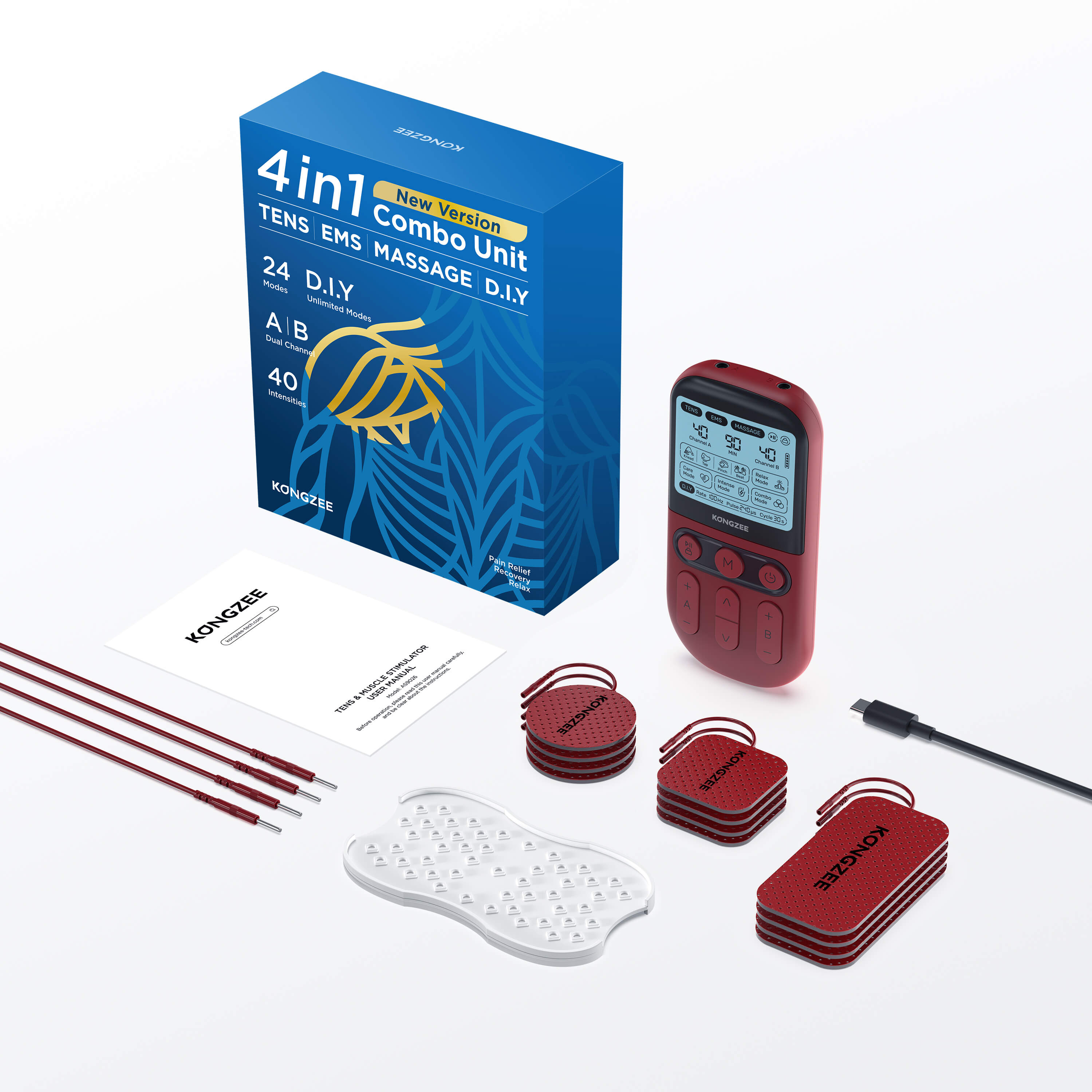 Red Kongzee 4-in-1 DIY TENS EMS unit full kit with 12 red electrode pads 40 intensities and rechargeable controller