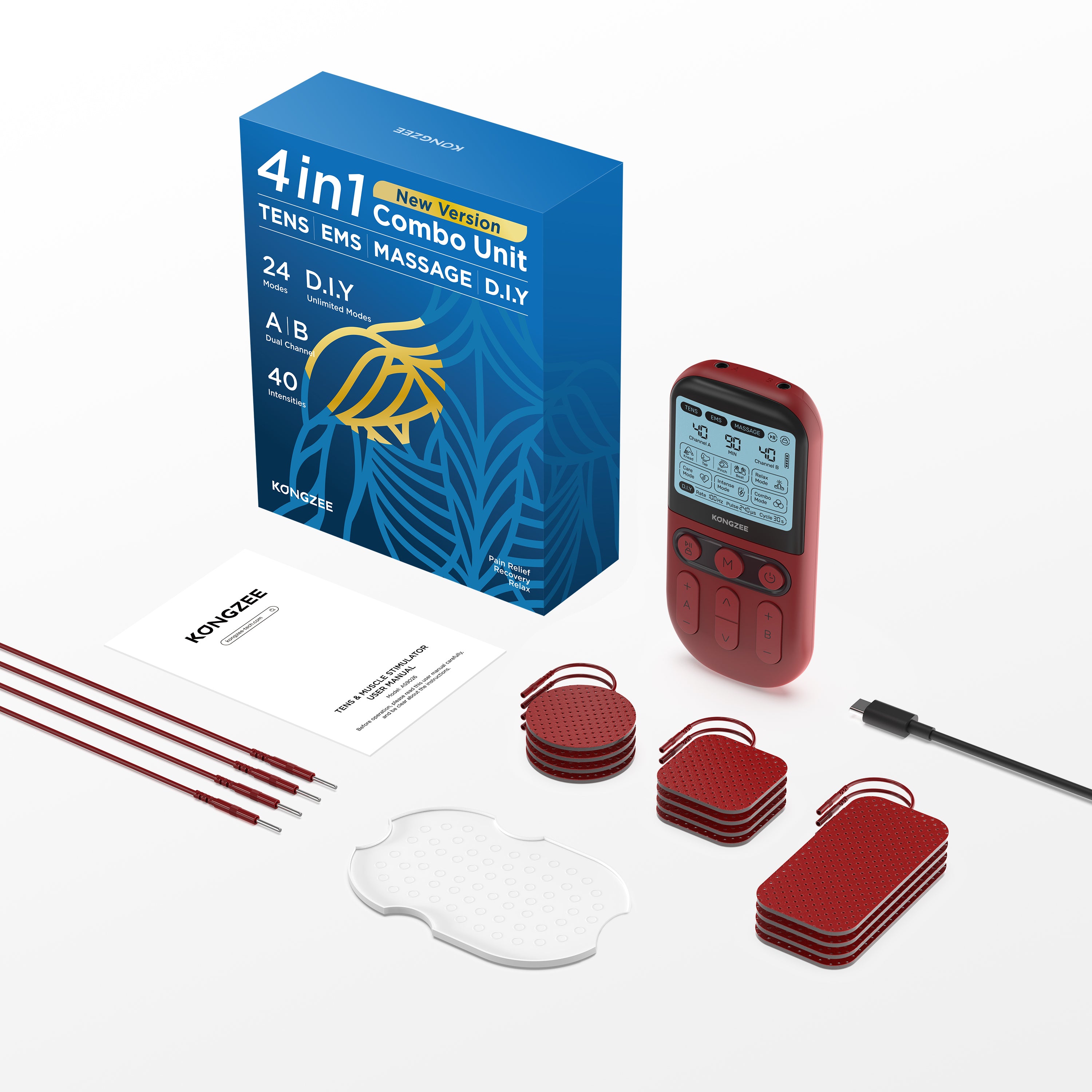 KONGZEE 4in1 TENS EMS Muscle Stimulator for Pain Relief