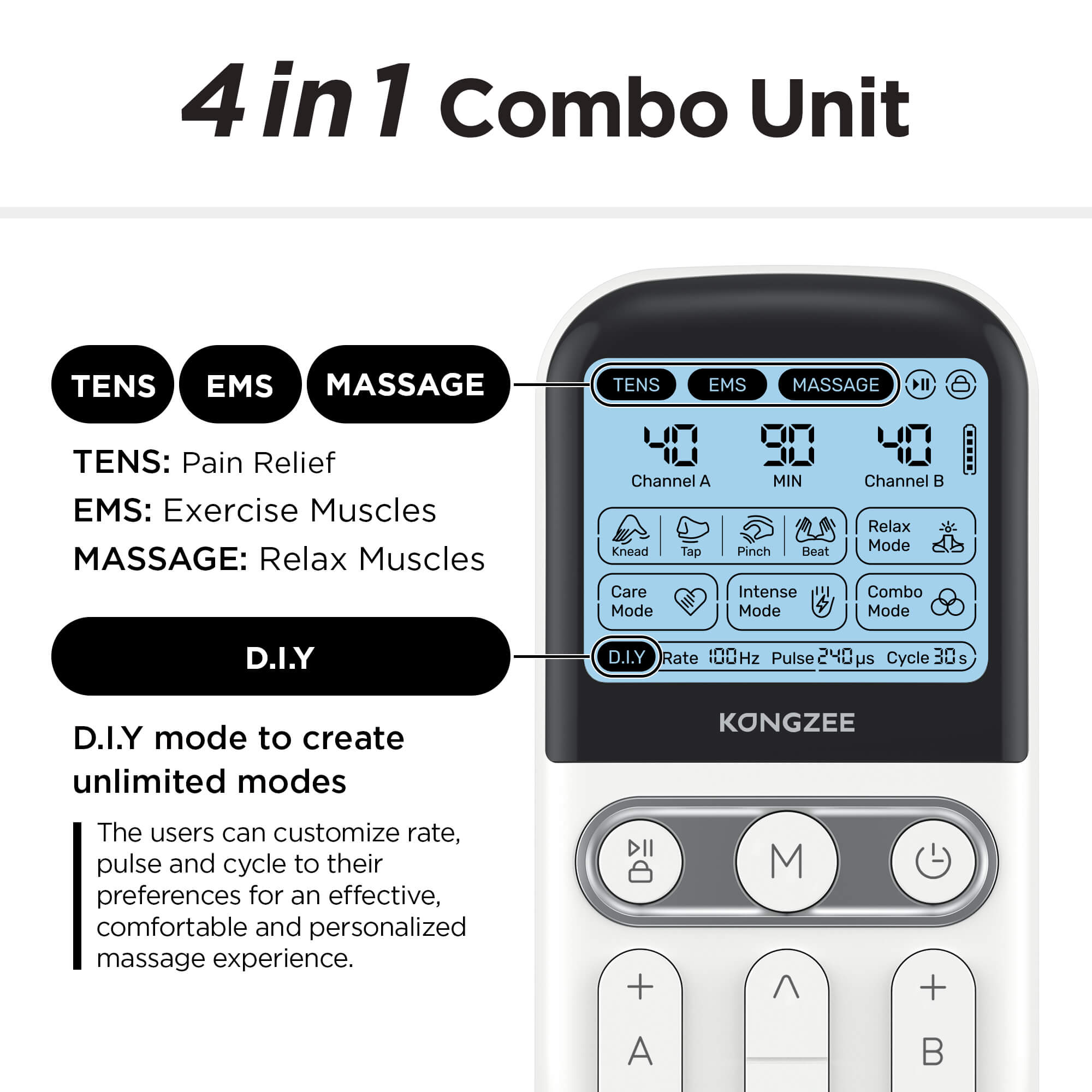 Kongzee 4-in-1 TENS EMS combo unit interface displaying TENS EMS Massage and DIY custom modes for pain relief and muscle training