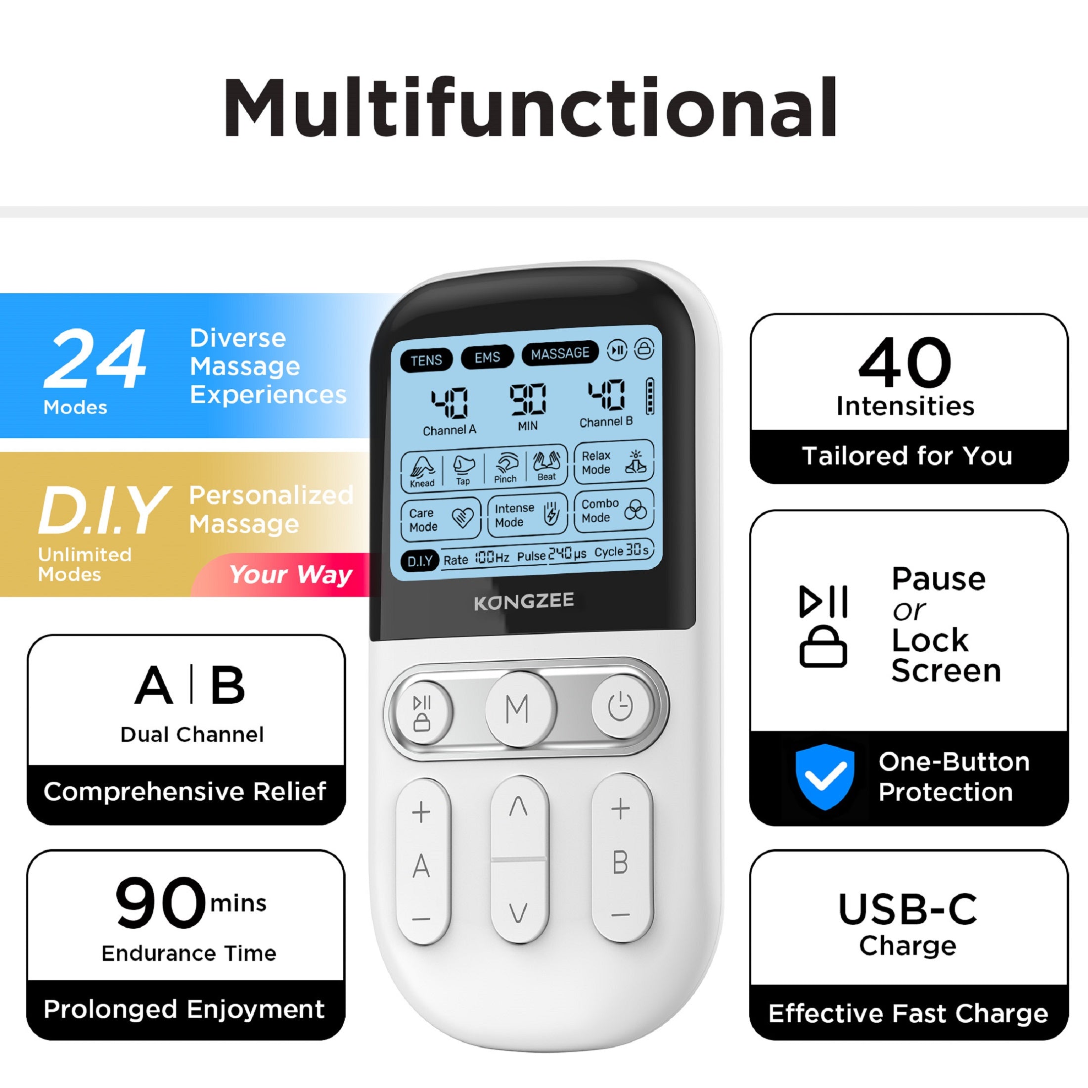 KONGZEE 4in1 TENS EMS Muscle Stimulator for Pain Relief