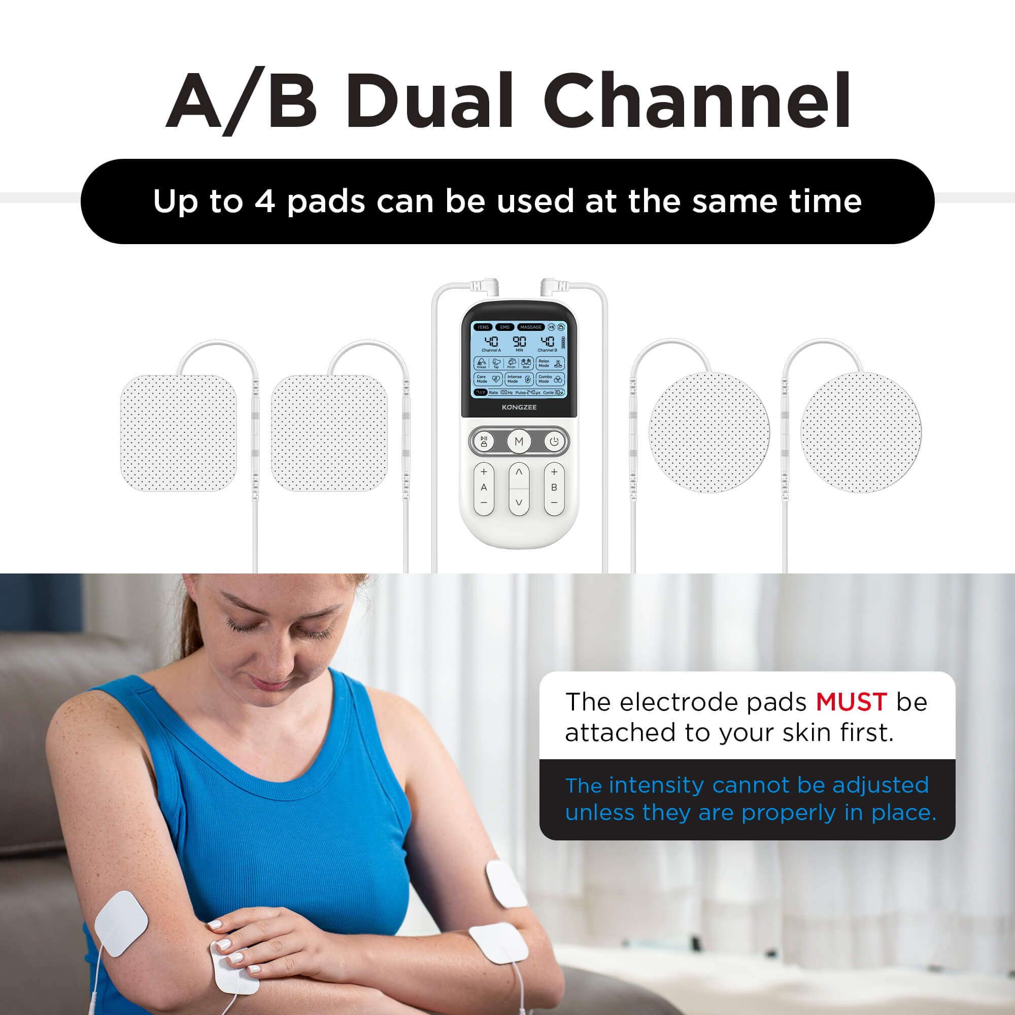 Kongzee A/B dual channel TENS machine showing 4 electrode pads placement on arm for simultaneous muscle stimulation