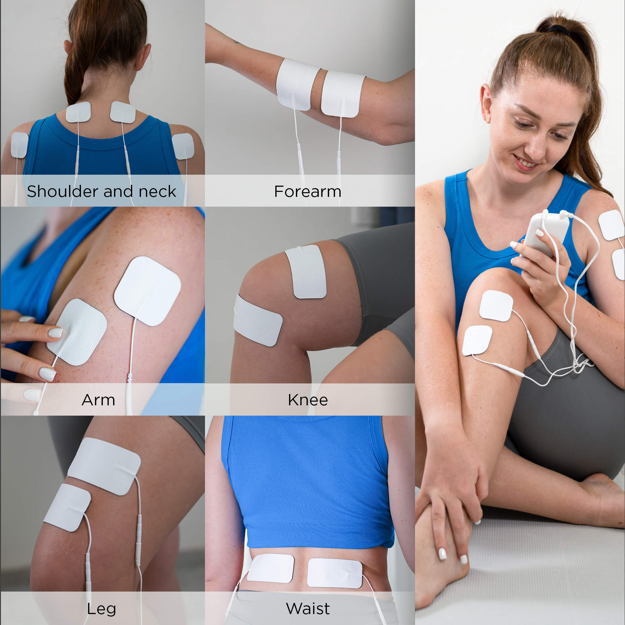 TENS machine electrode pads placement guide on shoulder neck arm knee leg and waist for full body pain relief