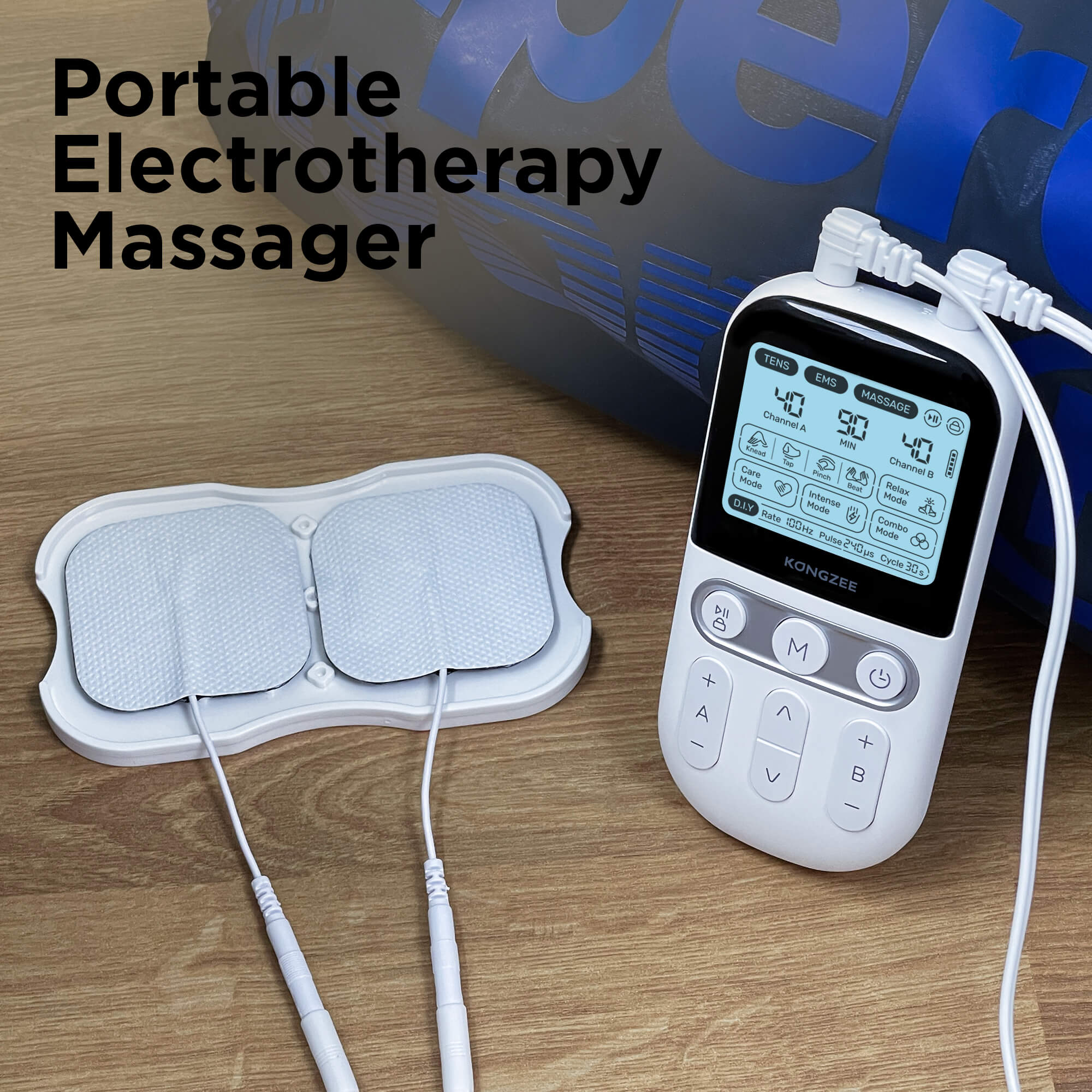 Portable electrotherapy massager TENS EMS unit compact design with electrode pads for travel and on-the-go pain relief