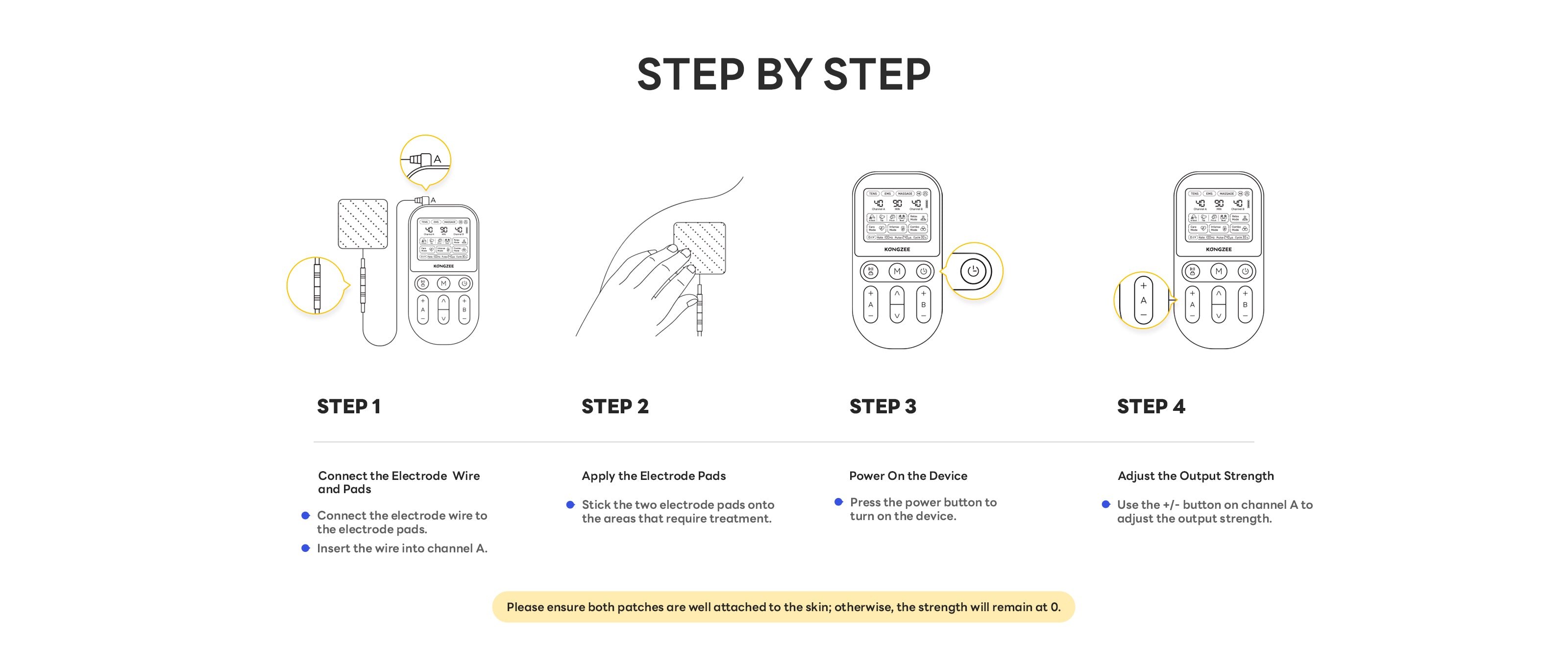 Kongzee TENS unit user manual step-by-step guide illustrating how to connect pads power on and adjust output strength