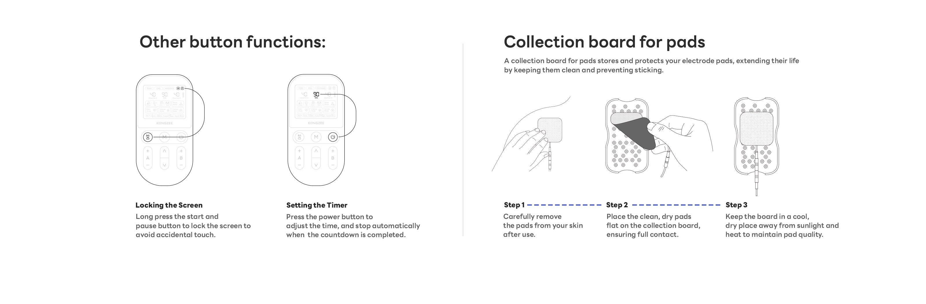 Kongzee TENS unit user guide for locking the screen setting the timer and using the collection board to store and protect electrode pads