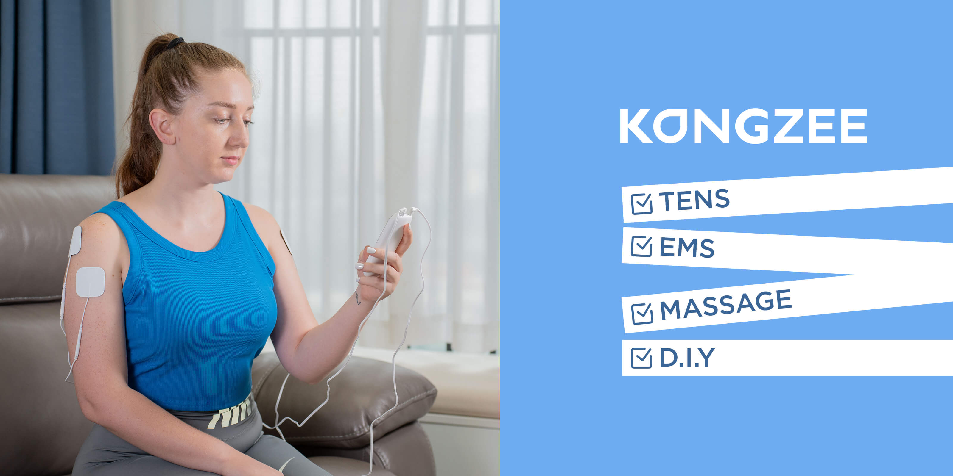 Promotional video demonstration of Kongzee 4-in-1 TENS EMS muscle stimulator for effective drug-free pain relief and recovery