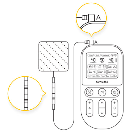KONGZEE TENS unit lead wire connected to an electrode pad