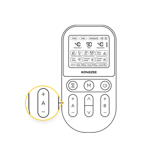 KONGZEE TENS unit channel A intensity control highlighted