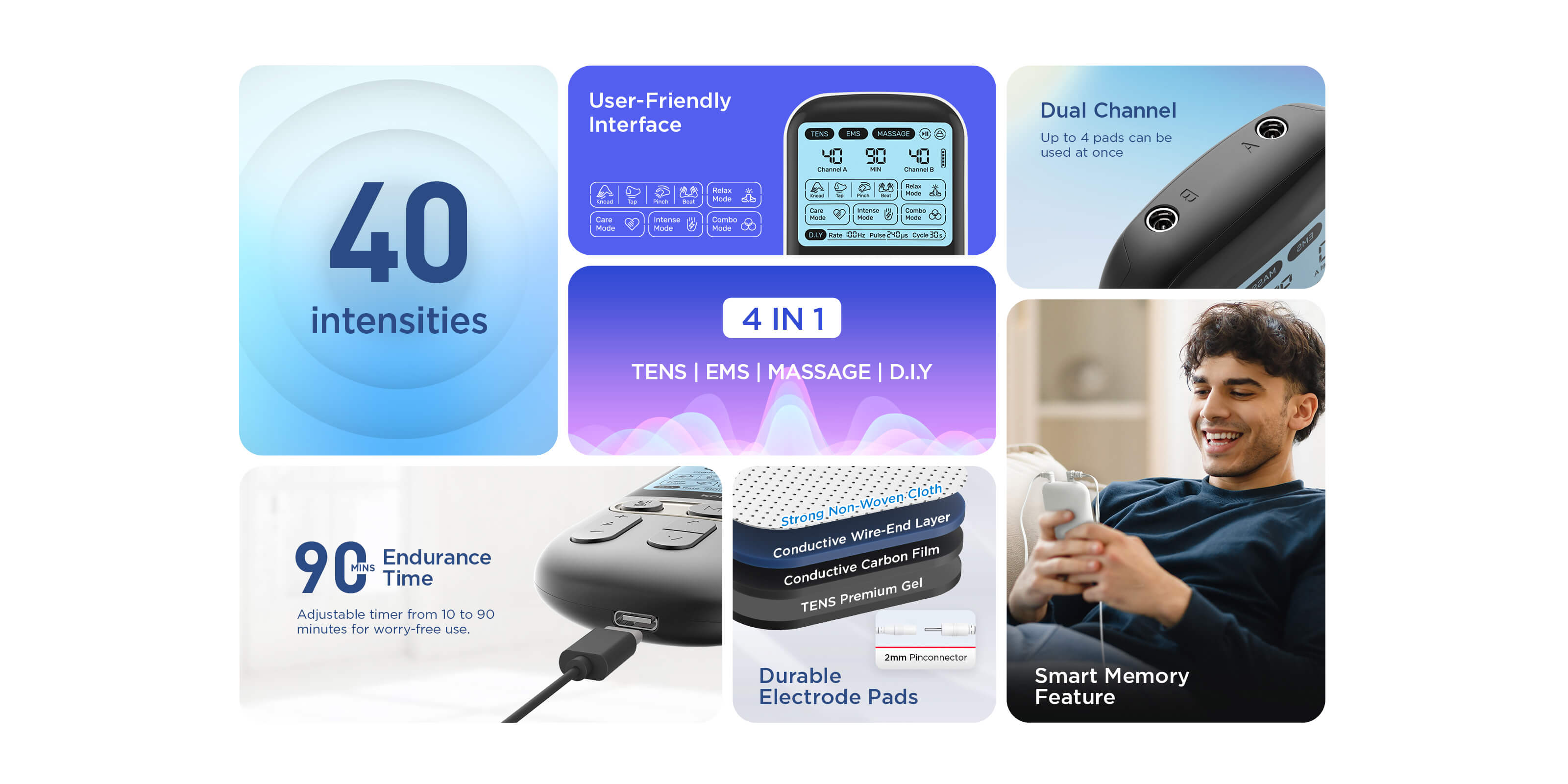 Kongzee 4-in-1 TENS EMS muscle stimulator devices displayed in black white and red colors for personalized pain relief