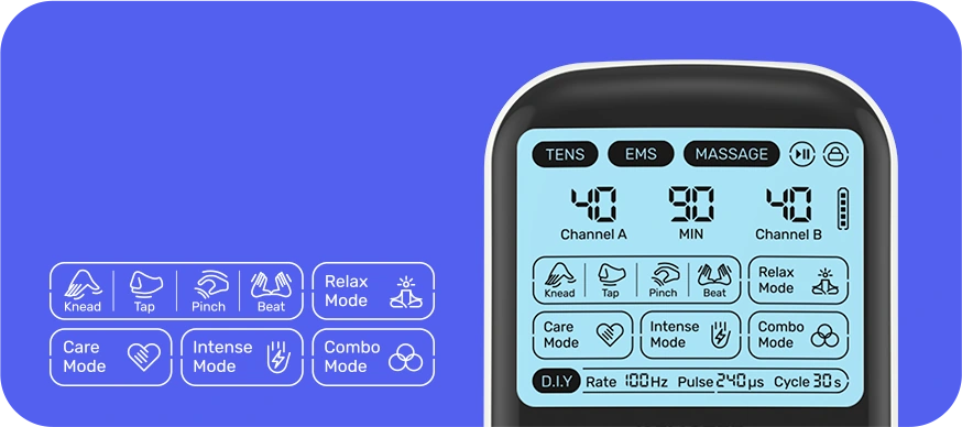 KONGZEE TENS and EMS unit screen with clearly organized therapy modes