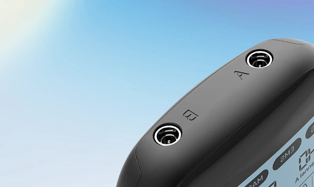 Close view of KONGZEE TENS unit channel A and B lead wire ports