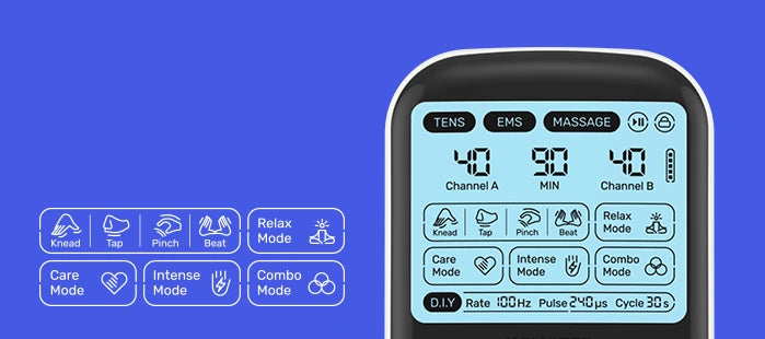 KONGZEE TENS and EMS unit screen with clearly organized therapy modes